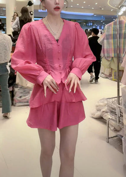 Modern Red V Neck Chiffon Shirt and Shorts Two Pieces Set Summer
