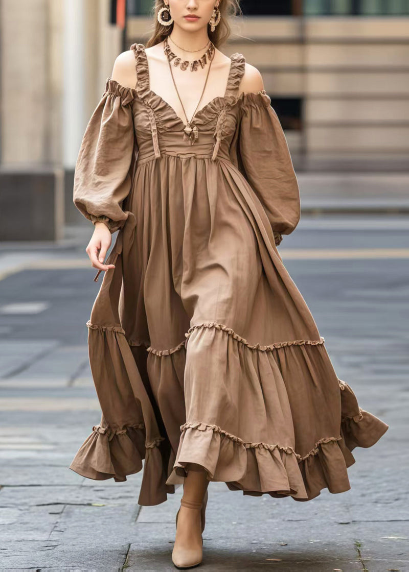 Coffee Cold Shoulder Exra Large Hem Maxi Dresses Spring