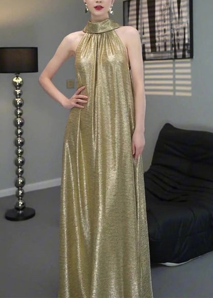 Gold Halter Wrinkled Long Dress Sleeveless