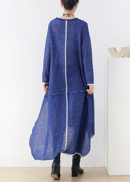 Blue O-neck Pockets Fall Knit Dress