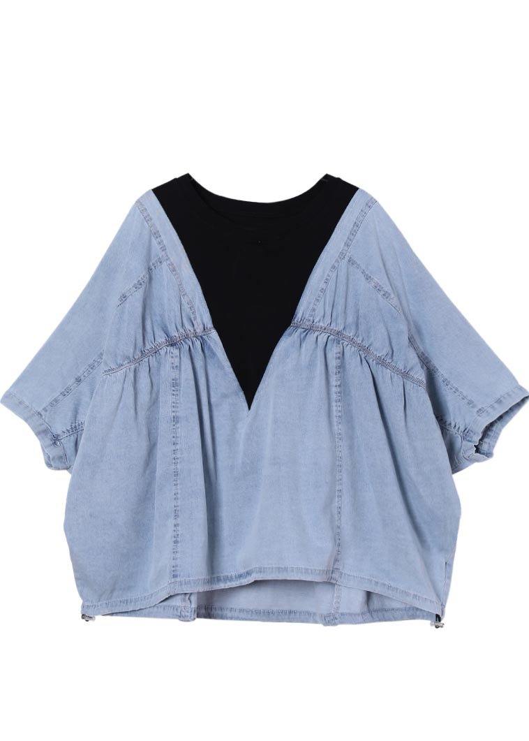 Fine Denim Blue Patchwork Black Cotton Loose Shirts Summer
