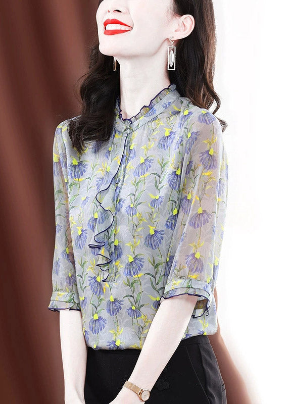 O-neck Ruffled Print Silk Shirts Half Sleeve