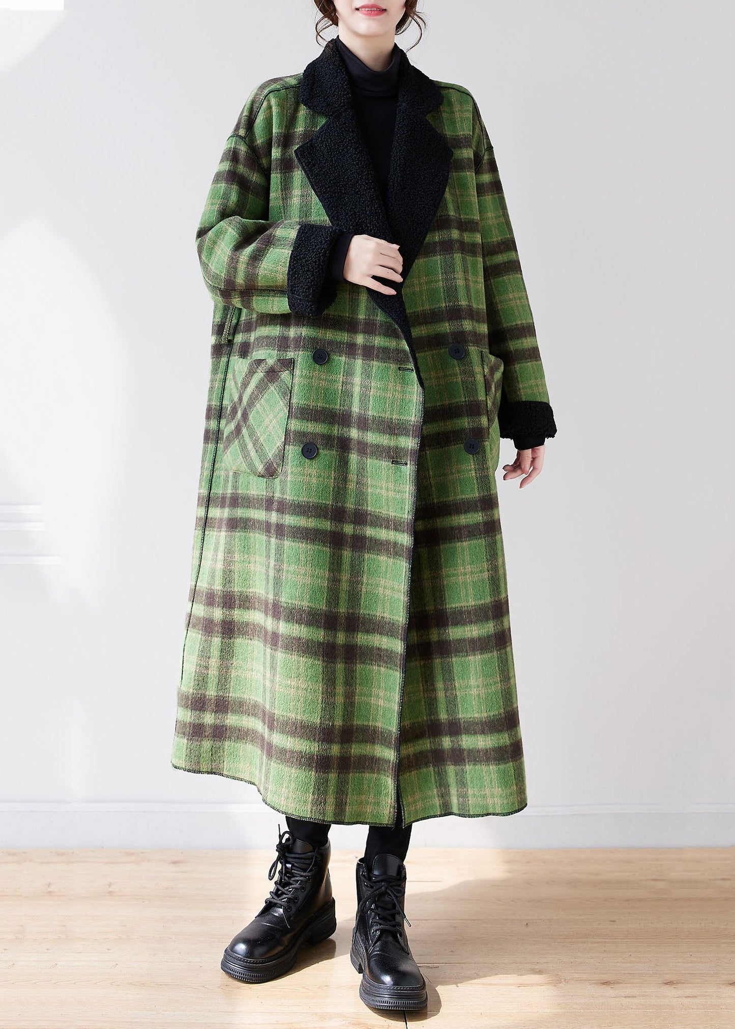 French Green Plaid Notched Wear on Both Sides Warm Fleece Faux Fur Trench Coats Long Sleeve