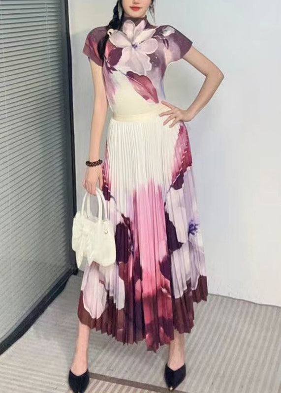 Purple Wrinkled T Shirt and Skirts Two Pieces Set Summer