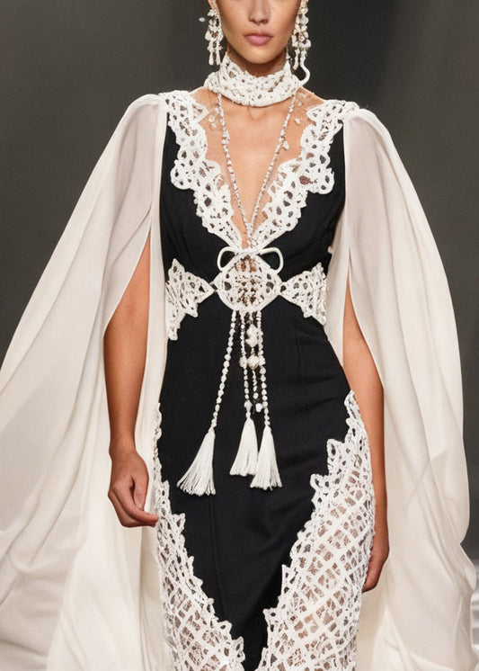 Original Design Colorblock Hollow Out Chiffon Patchwork Long Dresses Shawl Sleeve
