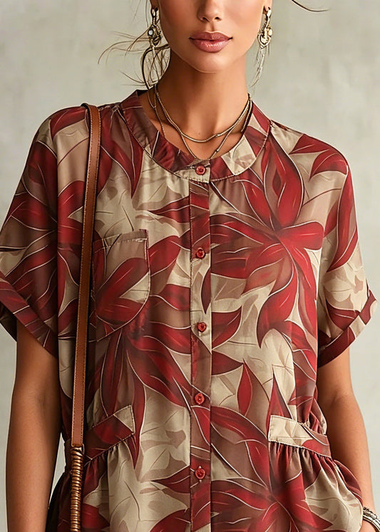Loose Red O-neck Print Shirt Chiffon Short Sleeve