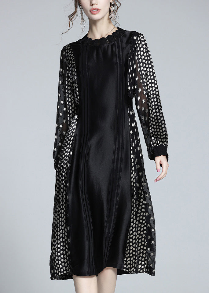 Jacquard Black O-neck Patchwork Dot Party Long Dress Long Sleeve