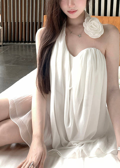 White Asymmetrical Decorated Chiffon Beach Two Pieces Set Summer