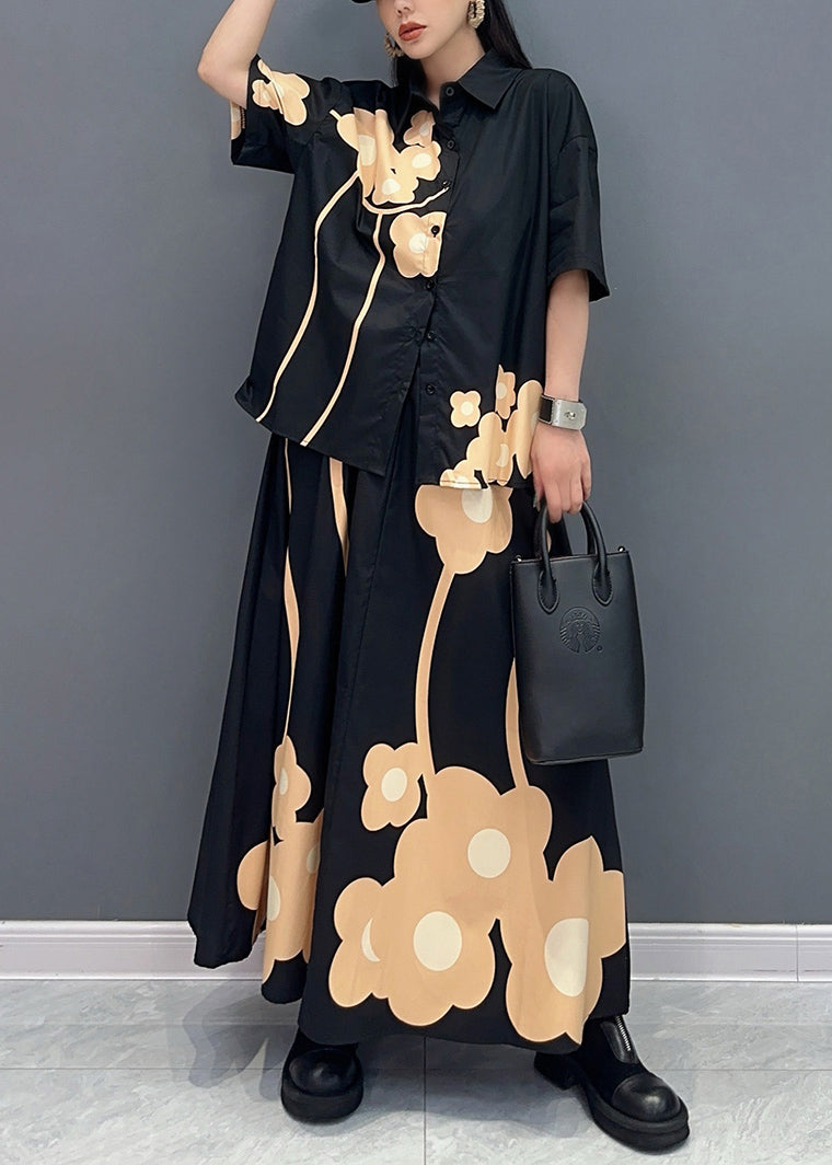 Diy Black Peter Pan Collar Print Cotton Two Pieces Set Summer