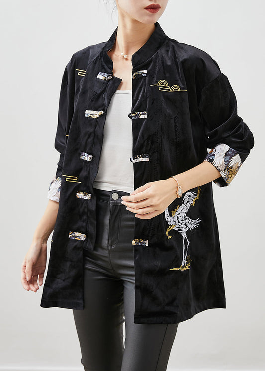 Black Embroideried Chinese Button Silk Velour Jackets Fall