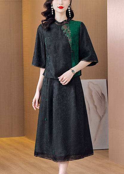 Art Black Embroideried Tops and Skirts Silk Two Piece Set Outfits Summer