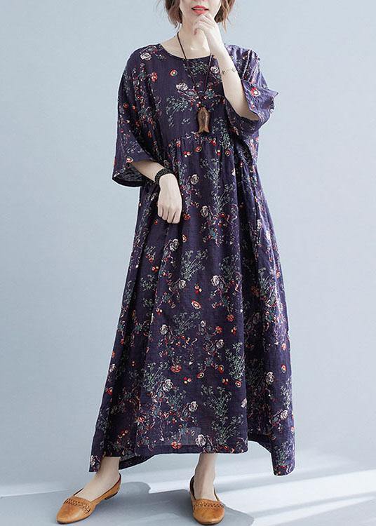 French Navy Print Pockets Loose Summer Half Sleeve Long Dress