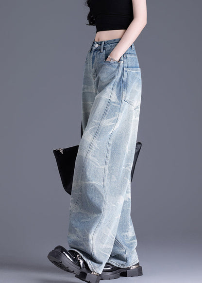 New Blue Pockets Tie Dye Patchwork Denim Pants Spring