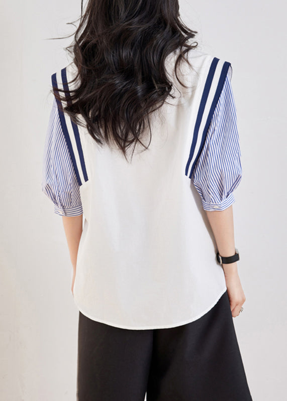 White Peter Pan Collar Striped Patchwork Top Half Sleeve