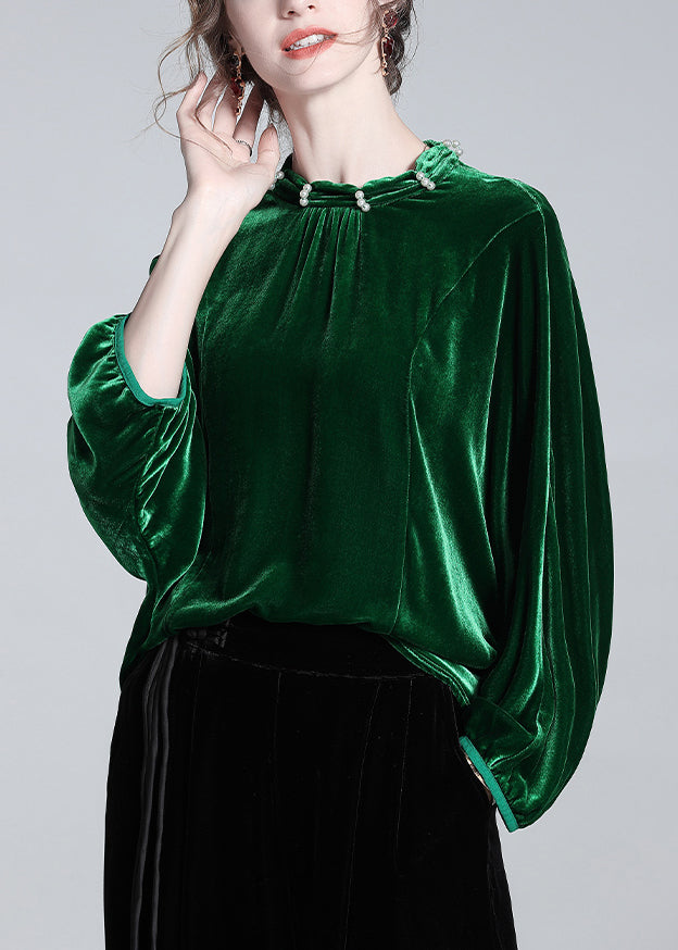Loose Green Nail Bead Silk Velour Blouse Batwing Sleeve