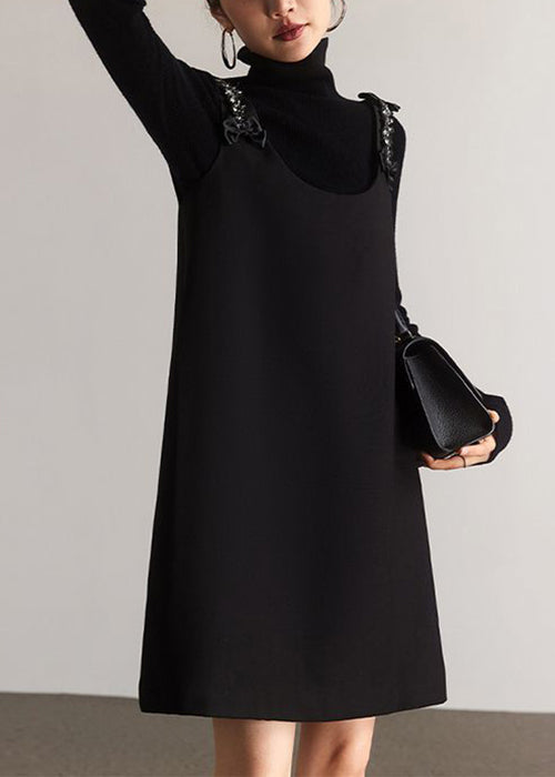 Italian Black O-neck Zircon Patchwork Cotton Mid Dress Sleeveless