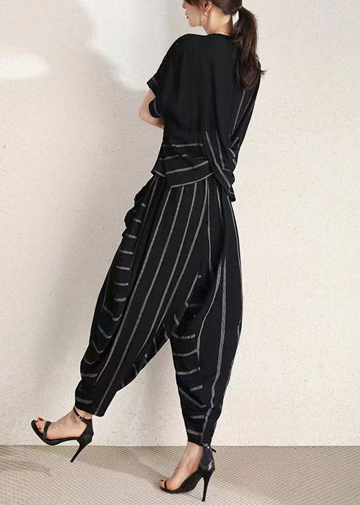 Black O-neck Wrinkled Striped Cotton Two-piece Set Summer