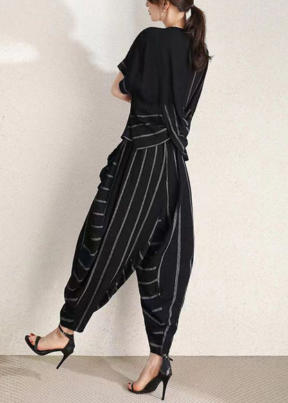 Black O-neck Wrinkled Striped Cotton Two-piece Set Summer