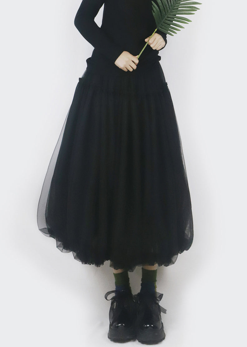 Black Elastic Waist Tulle Bud Skirt Ruffled