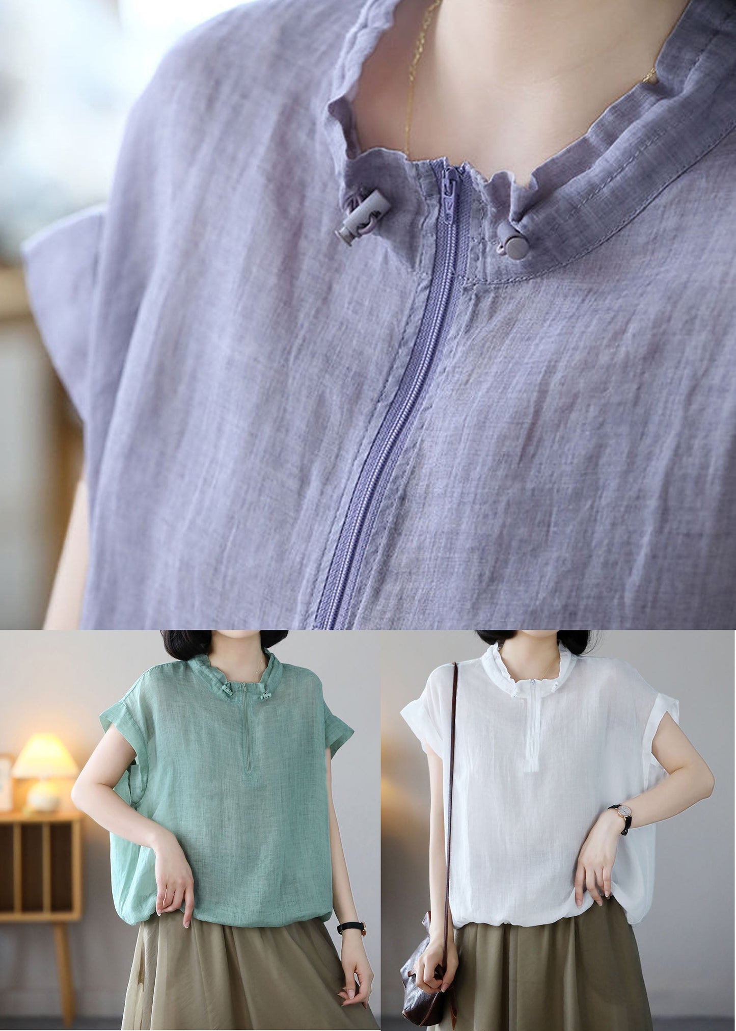 Green Zip Up Drawstring Cotton Sweatshirts Top Short Sleeve