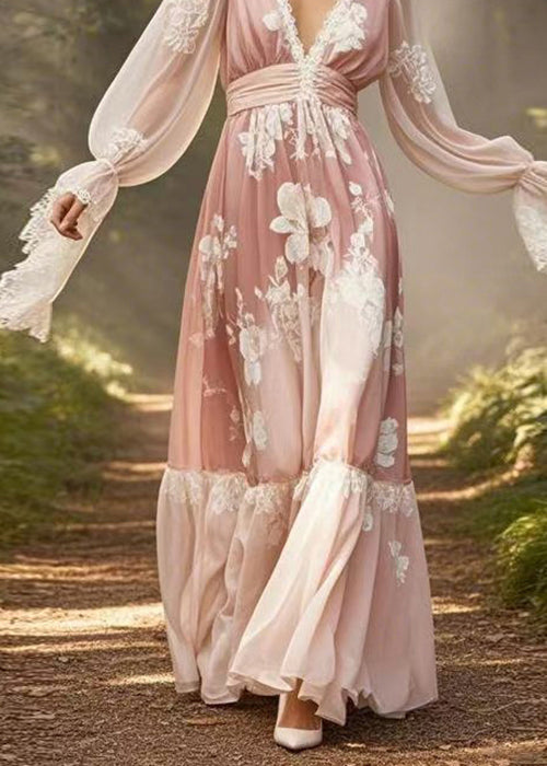 Natural Pink Print Lace Patchwork Chiffon Maxi Dresses Flare Sleeve Spring