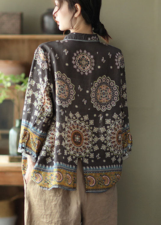 Simple Chocolate Patchwork Print Fall Long Sleeve Top