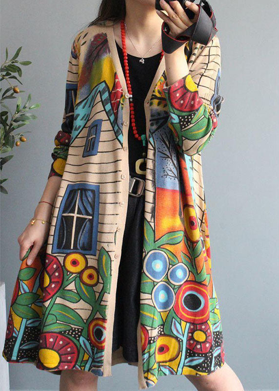 Apricot V Neck Button Print Fall Knit Loose Coat Long Sleeve