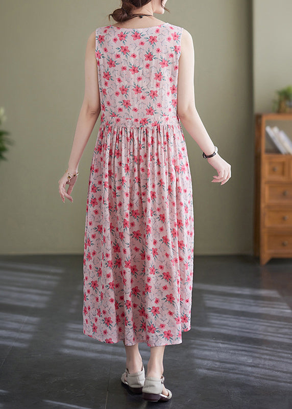 Pink Lace Up Wrinkled Print Cotton Long Dress Sleeveless