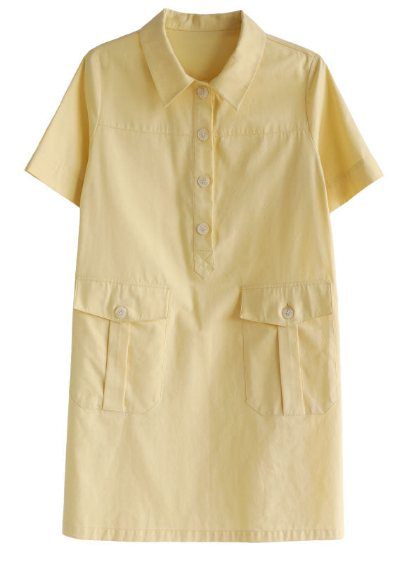 Classy Yellow Peter Pan Collar Pockets Button Cotton Maxi Dress Short Sleeve