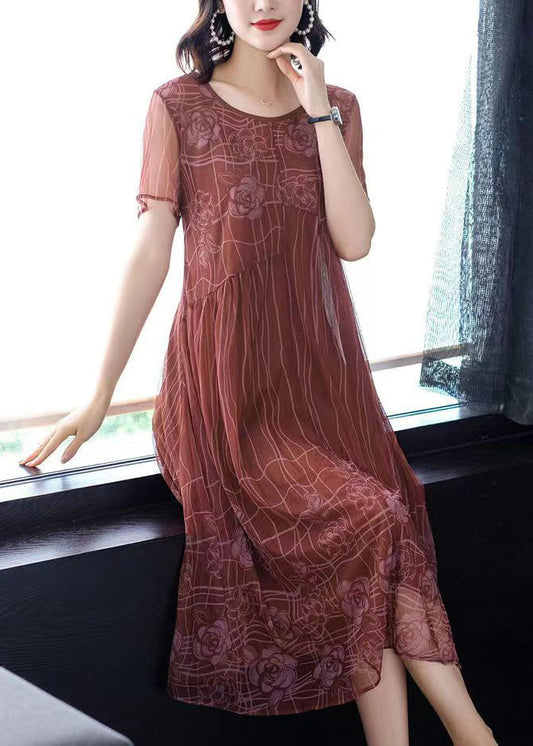 Light Brown O-neck Wrinkled Patchwork Chiffon Dress Half Sleeve