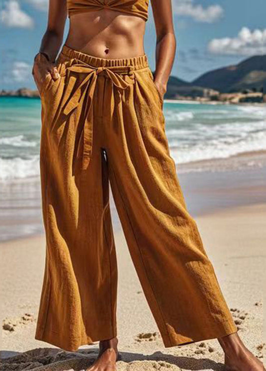 Earth Yellow Elastic Waist Bow Wide Leg Pants Summer