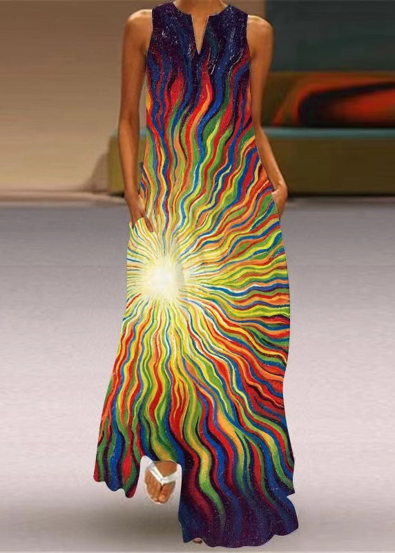 Diy Pink V Neck Print Pockets Long Dress Sleeveless