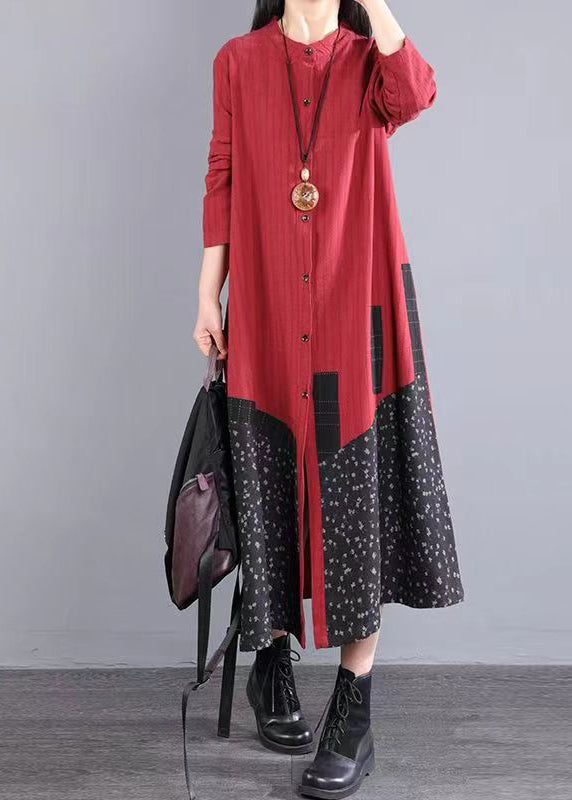 Red Print Pockets Patchwork Cotton Long Dresses Fall