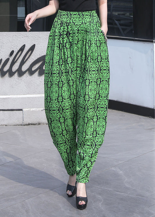 Grass Green Pockets Print Chiffon Lantern Pants Summer