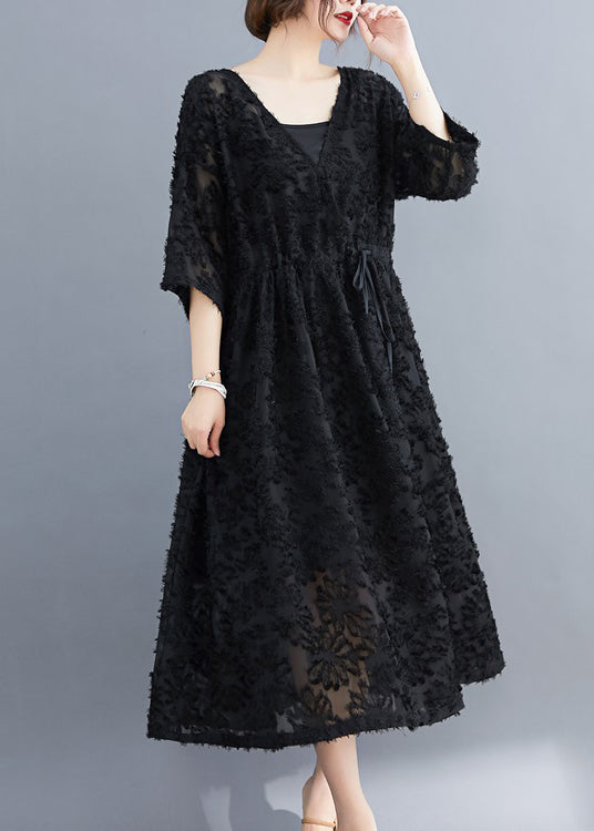 Black V Neck Embroideried Dress Two Pieces Set Half Sleeve