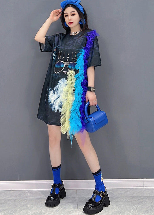 Black Asymmetrical Design Tulle Patchwork Print Dress Short Sleeve
