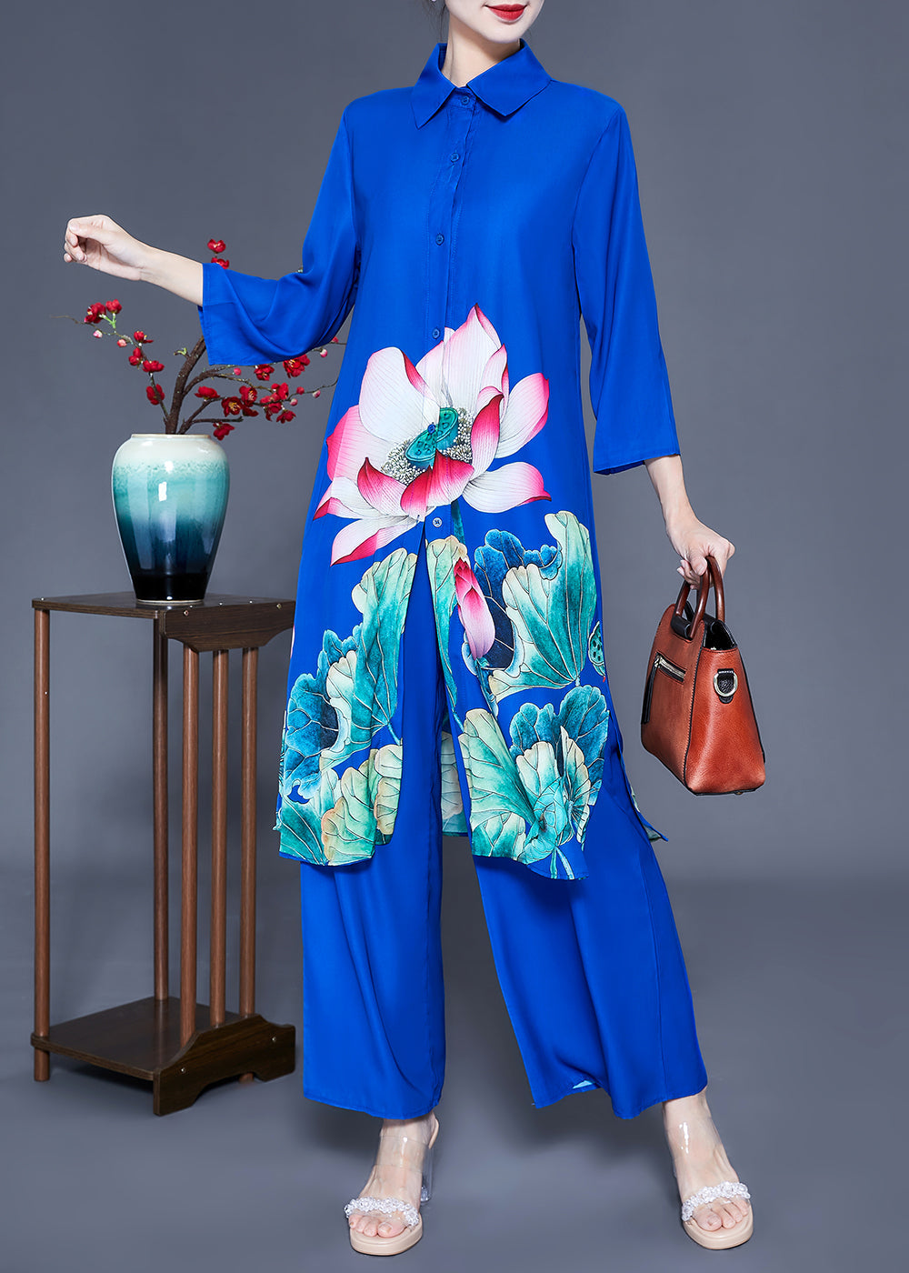 Fine Blue Peter Pan Collar Print Draping Silk Two Pieces Set Spring