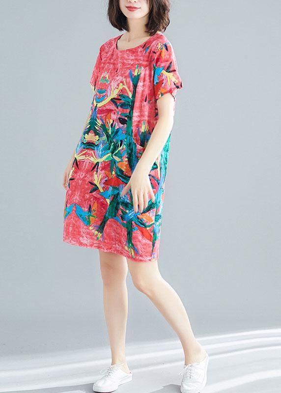 Green Print O-neck Pockets Summer Short Sleeve Party Dresses