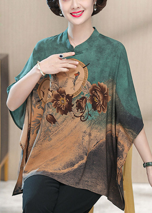 Green O-neck Print Button Silk Top Half Sleeve