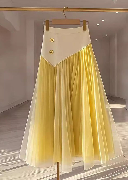 Yellow High Waist Wrinkled Patchwork Tulle Skirt Fall