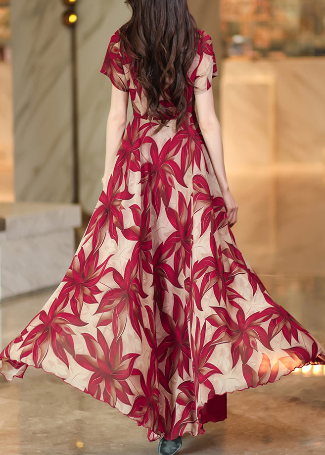 Red Asymmetrical Patchwork Print Chiffon Dress Summer