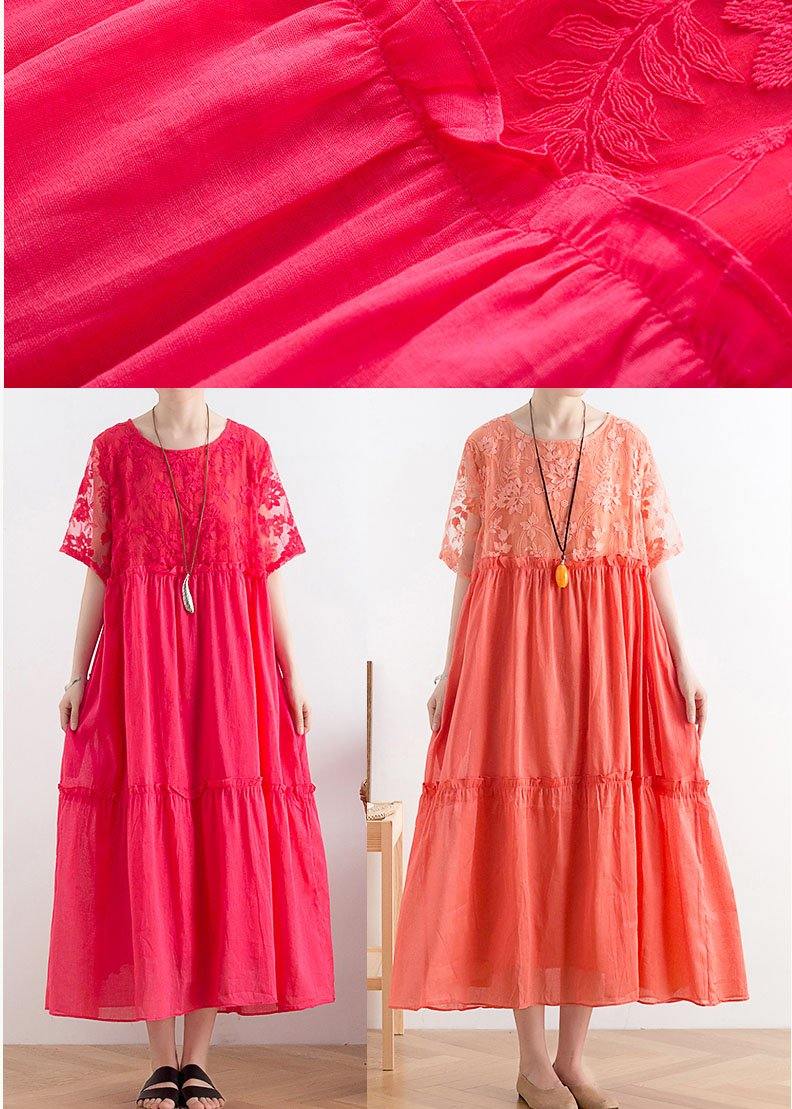Summer French Orange Patchwork O-neck Cotton Long Dresses