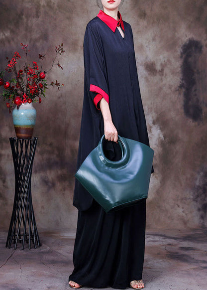 Boutique Black Colorblock Peter Pan Collar Print Chiffon Long Shirt Ang Wide Leg Pant Two Pieces Set Summer