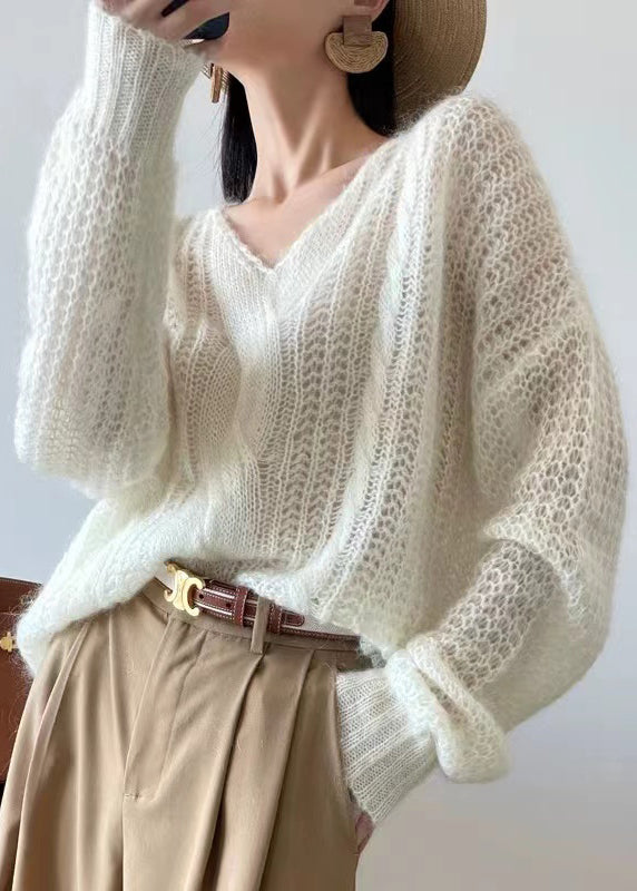 Loose White Hollow Out Knit Sweater Winter