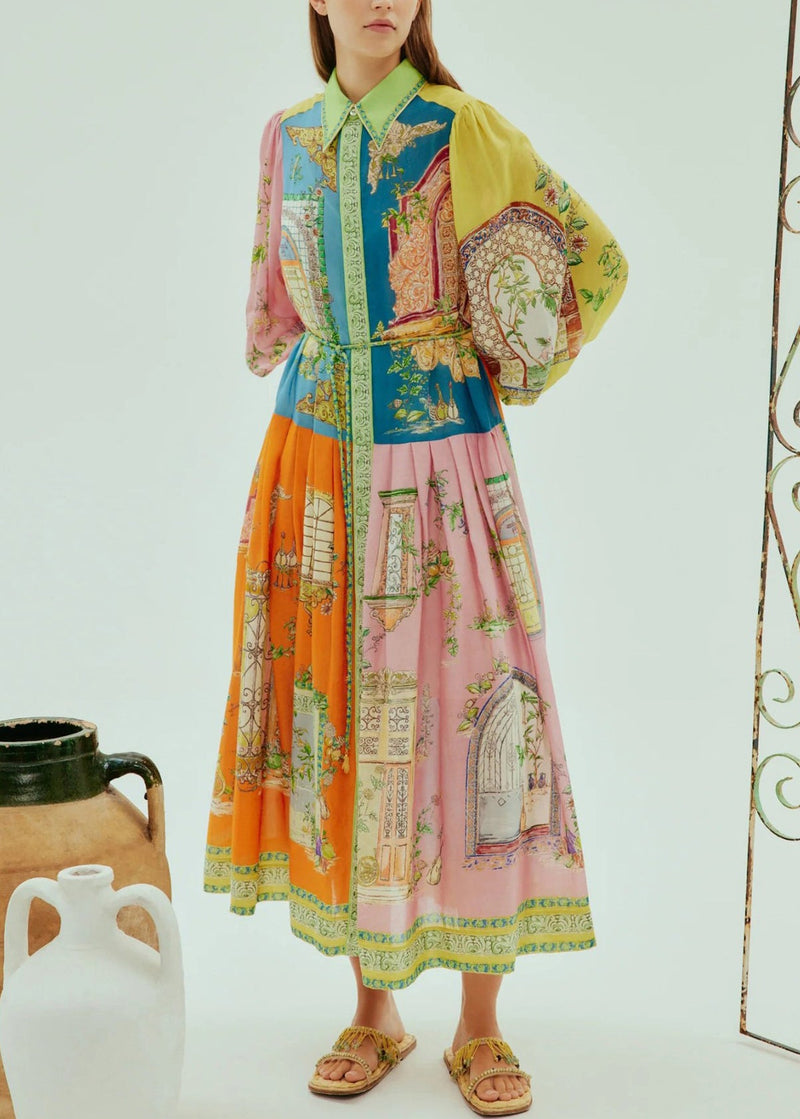 Lantern Sleeve Graffiti Printed Wrinkled Lace Up Dress Spring