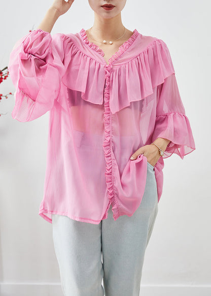 Pink Oversized Patchwork Ruffles Chiffon Top Fall