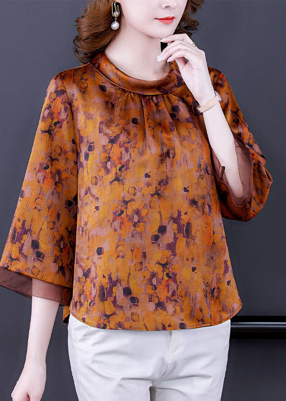 Yellow Stand Collar Zippered Print Silk Shirts Bracelet Sleeve