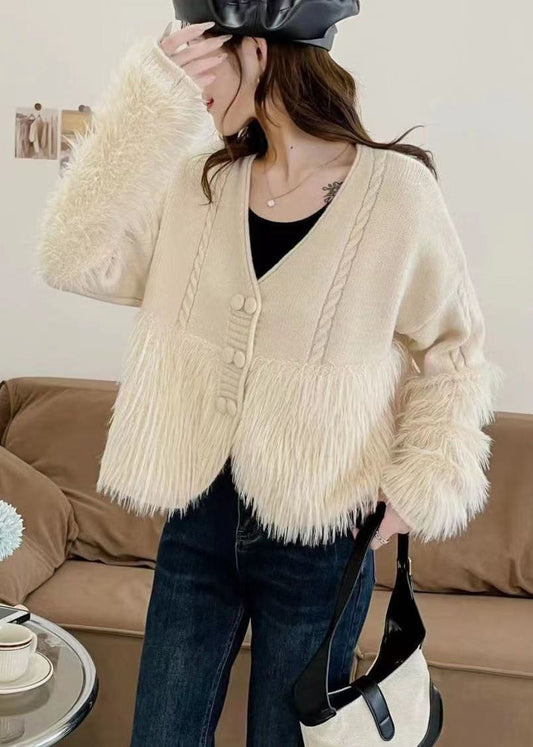 Apricot V Neck Patchwork Mink Hair Knitted Cardigan Fall