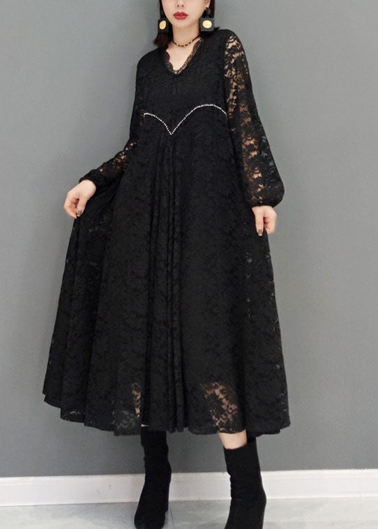 Black V Neck Hollow Out Lace Dresses Spring