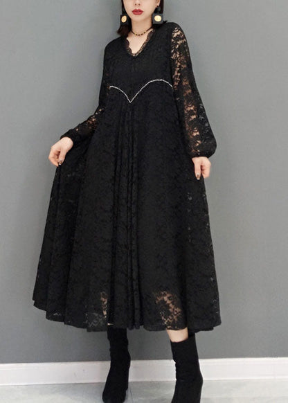 Black V Neck Hollow Out Lace Dresses Spring